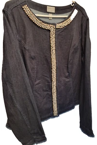 Susan Graver Denim Dressy Jean Jacket 1XL w Rhinestones Pearls Fringed Dark Wash - Picture 1 of 17