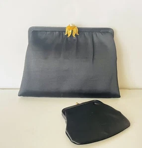 Bolso sin asas de noche satinado negro vintage de los años 50 con monedero de Morris Moskowitz - Imagen 1 de 9