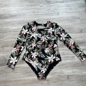 Women's Tropical Print Long Sleeve One Piece Swimsuit - Kona Sol Black XL - Picture 1 of 8