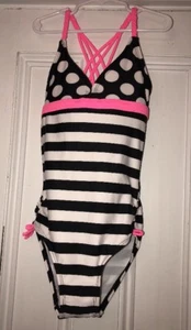 SO GIRLS' BLACK WHITE PINK STRIPE 1 Pc SWIMSUIT UV PROTECTION UPF 50+ NWT - Picture 1 of 3