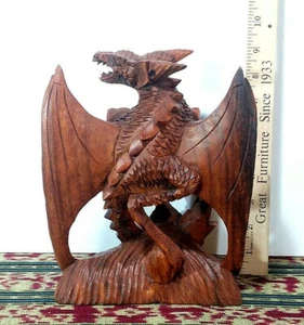 1 - 8.75" Hard Wood, Winged Dragon Sculpture, Hand Crafted Art - Made in Bali - Picture 1 of 3