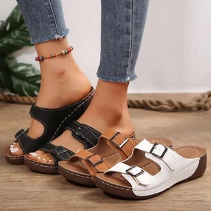 Womens Ladies Orthopedic Wedge Buckles Sandals Summer Slip On Mules Shoes Sizes - Picture 1 of 28