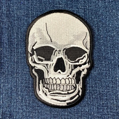 Human Skull Applique Patch - Large Embroidered Skeleton Head Badge 4" (Iron On) - Image 1 of 2