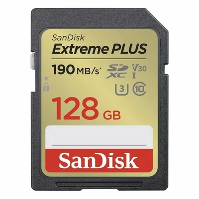 SanDisk Extreme Plus 128GB SDXC Speicherkarte, bis zu 190 MB/s, Class 10, U3, V30 - Bild 1 von 4