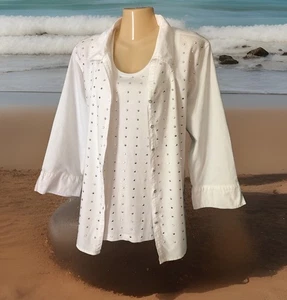 90s Vintage Tia Designs Studded Tank Top & Blouse 2pc Set White & Silver Size L - Bild 1 von 21