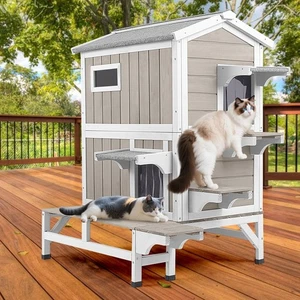 Petscosset Outdoor Cat House Weatherproof with Balcony Wooden Feral Cat Shelter - Picture 1 of 9