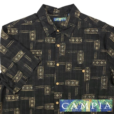 Campia Moda Mens Hawaiian Shirt Size L Large Camp Black Gold Geometric NEW #N75 - Image 1 of 4