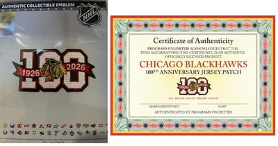 2025 2026 CHICAGO BLACKHAWKS PLAYER JERSEY PATCH 100TH ANNIVERSARY PUCK IN STORE - Image 1 of 4