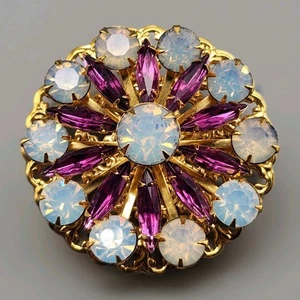 Vtg Selini Pink Brooch Fuschia Navette Milky Rhinestone Gold Tone Round Pin RARE - Picture 1 of 12