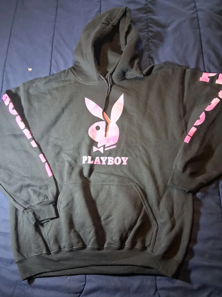 Playboy Hoodie New Size Large Jet Black Vinyl Print Mens - Image 1 of 4