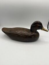 Vintage Duck Decoy Dark Wood Carved Brass Bill Beak Glass Eyes unmarked