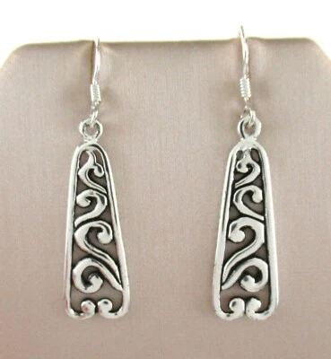 .925 Sterling Silver Bali Filigree Dangle Earrings Negative Space Open Work Bar - Image 1 of 2