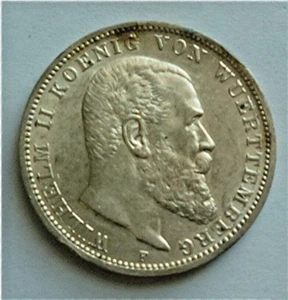 1914-F WURTTEMBERG - DREI 3 MARK - WILHELM II - .900 SILVER CROWN - 1/2 Oz -RARE - Picture 1 of 5