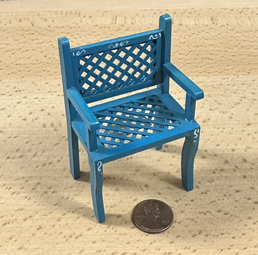 Artisan Dollhouse Miniature Kitchen Chair Patio Blue Hand Painted Signed Lattice - Image 1 of 4
