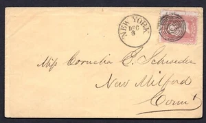 US 1862 NEW YORK FANCY DUPLEX SMALL CIRCLE WITH RADIAL SPHERE TYING Sc. #65 - Picture 1 of 2