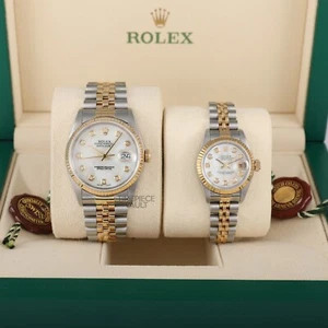 ROLEX HIS & HERS DATEJUST  18K GOLD & STEEL 36MM & 26MM WHITE MOP DIAMOND DIAL - Picture 1 of 11
