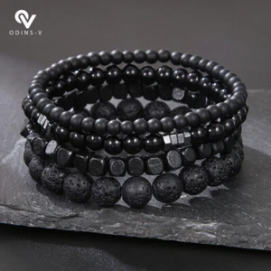 Men's Women Gemstone Strand Bracelet Black Magnetic lava stone Beads 4 layer - Picture 1 of 5
