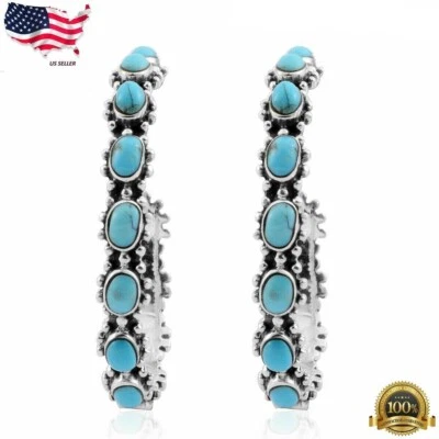 Elegante Pendiente Aro Turquesa Chapado en Plata Joyería Creado en Laboratorio Foto 1 de 4