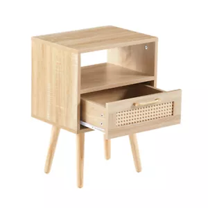 15.75" Rattan End table with drawer and solid wood legs, Modern nightstand - Picture 1 of 13