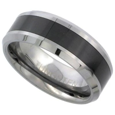 Вольфрамовое обручальное кольцо 8 мм с черной керамической центральной полосой инкрустация со скошенными краями - Изображение 1 из 2