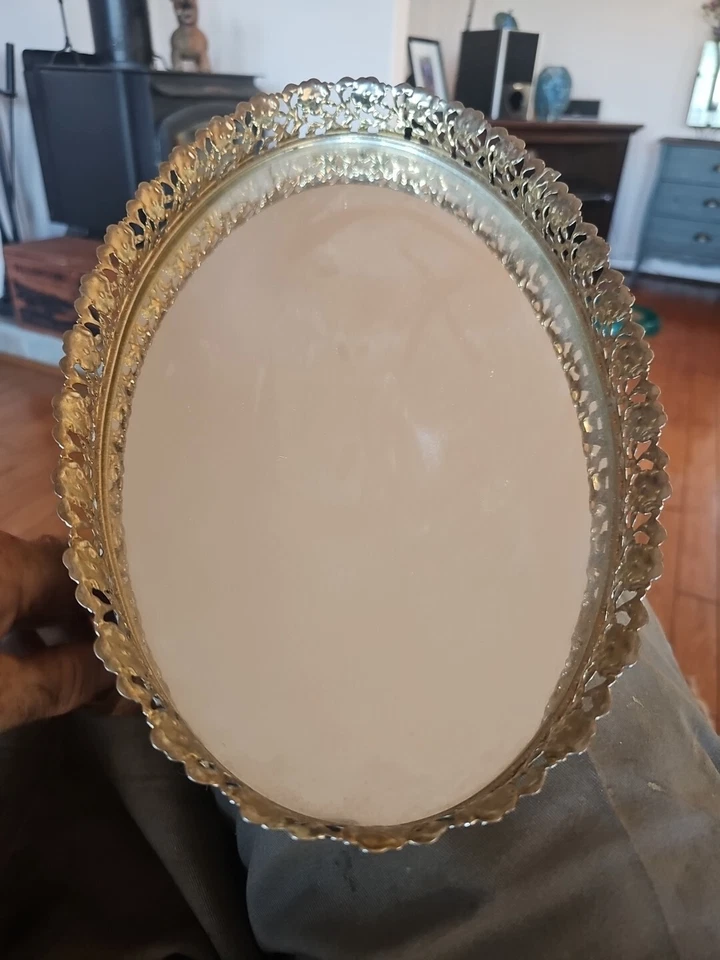 Vintage Gold Filigree Vanity Mirror Or Tray; Ornate Brass; Velvet Back 13x9 Oval - Image 1 of 4