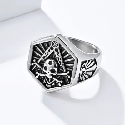 Vintage Cross Bone Skull Masonic Ring Stainless Steel Men's Biker Freemason Ring - Image 1 of 3