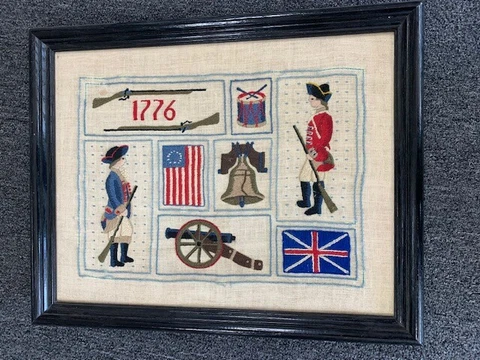 Americana Folk Art Knitted Wood Framed Vintage Canvas 1776 Revolutionary War Cover
