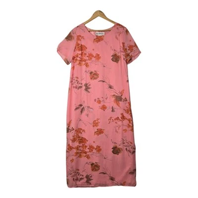 VTG Norm Thompson Maxi Dress Sz L Pink Peach Floral Chiffon Lined Short Sleeve — 第 1/4 张图片