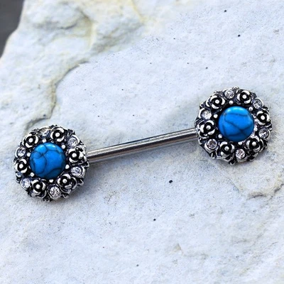 PAIR of 316L Stainless Steel Medieval Rose Nipple Bar with Stone Inlay - Image 1 of 3