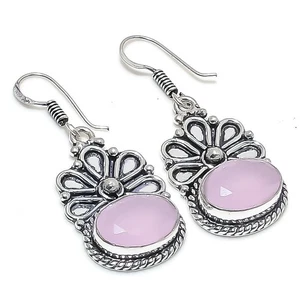 Rose Quartz Gemstone Handmade 925 Sterling Silver Jewelry Earring Sz 1.75" - Picture 1 of 1