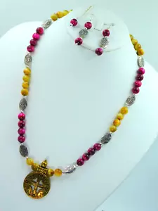 Collana con ciondolo croce perle occhio di tigre marrone e rosa con orecchini abbinati 18" - Foto 1 di 8