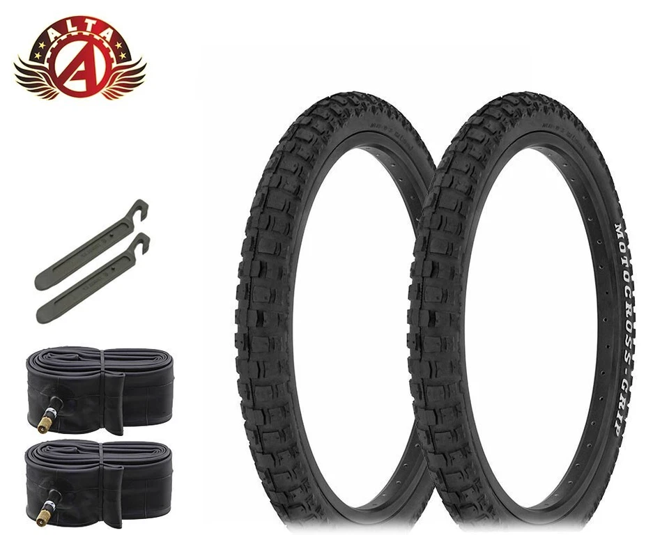 2 ALTA Bicycle 20" x 2.125" BLACK MOTOCROSS BMX TIRES & TUBES W/PRY TIRE LEVERS. - Image 1 of 1