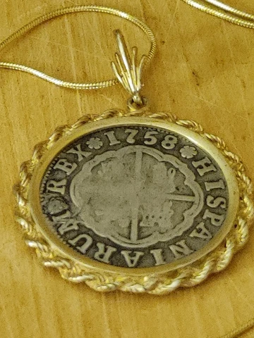 1758 Shipwreck Silver 2Reale Pendant,  20" 18KGF Gold Filled Chain. w  Coa & Box Cover