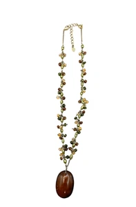 Collana Vintage Monet Verde e Marrone Finta Perla Perline Ciondolo Ovale Tono Oro 18" - Foto 1 di 24