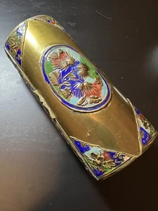 Antique Asian Cylinder Box Hinged Footed 6”L 2.5” D Enamel On Brass Lotus Bees - Picture 1 of 11