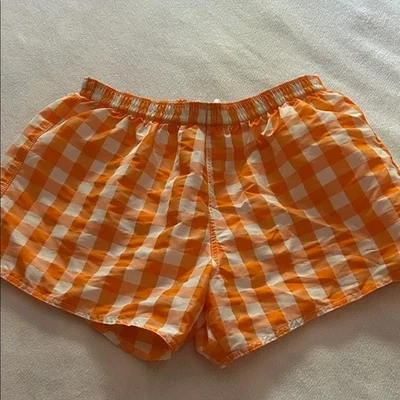 Pantalones cortos de natación europeos a cuadros naranja Sauvage para hombre, talla L Foto 1 de 4