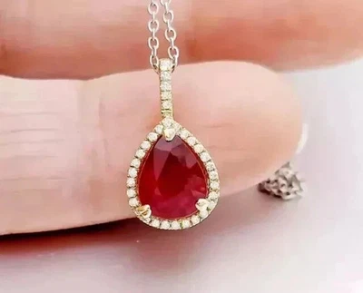 Lab-Created Red Ruby 3.20Ct Pear Cut Halo Pendant 14K Yellow Gold Plated Silver - Image 1 of 4