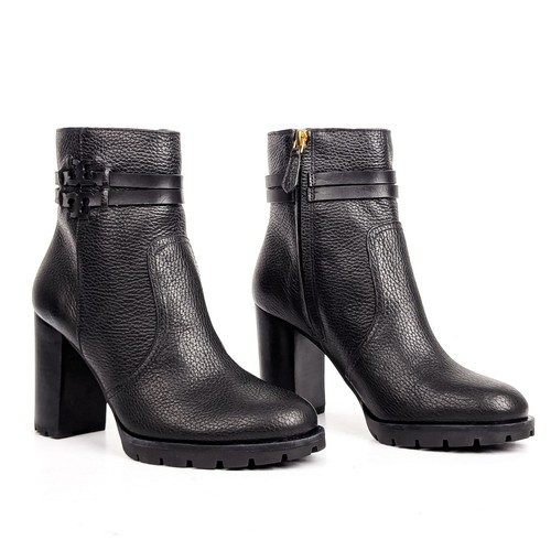 Stivaletti Tory Burch donna Leigh neri in pelle eleganti ufficio logo tacco zip tg 8
