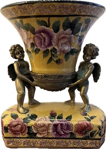 Jarrón querubines de bronce vintage rosas grandes maceta amarilla jardinera difícil de encontrar - Imagen 1 de 21