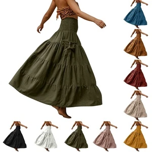 Womens Boho Long Maxi Skirt Ladies High Waist Beach Holiday Swing Dress Pockets - Picture 1 of 40