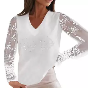 Blouse Women Size L Casual Diamond Studded Shirt Lace Long Sleeve V-Neck --CH3-- - Picture 1 of 4