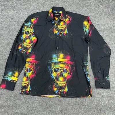 Camisa de Vestir Italiana Fibonacci Maceoo Para Hombres 2/S Negra Calavera Sombrero Estampado Colorido AOP Foto 1 de 4