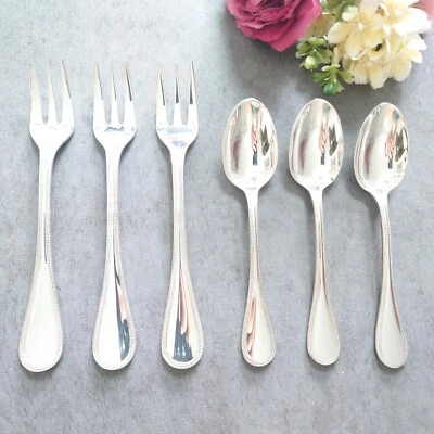 Christofle Perles 6pcs Silverplate Flatware Cake Fork Coffee Spoon Excellent - Image 1 of 4