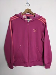 Adidas Hoodie Full Zip Track Jacket Kids Girls 12 Pink 3 Stripe Trefoil Y2K 90s - Picture 1 of 12