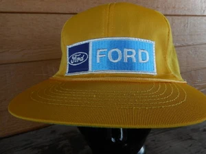 Ford Yellow Blue Patch Vintage Snapback Trucker Hat Mesh Flat Bill Cap 90s - Picture 1 of 12