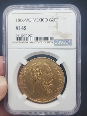 Moneda de oro de 20 pesos de México Maximiliano 1866 Foto 1 de 4