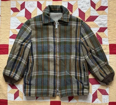 Chaqueta reversible de lana a cuadros vintage de los años 60 forrada de lana con cremallera de garra como está Foto 1 de 4