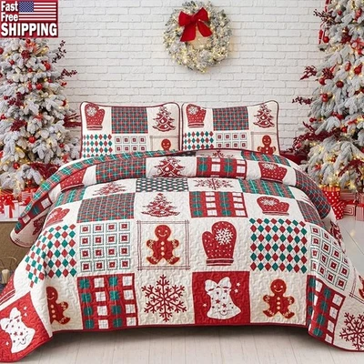 Christmas Quilt Double Sided Bedding Set Soft Microfiber Patchwork Gift Queen - Image 1 of 4