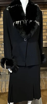 Lily & Taylor Black 3 Piece Skirt Suit Detachable Collar Fox Fur Trim NEW Sz 12 - Image 1 of 4