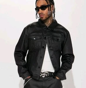 Fashion Nova Men's Black Wax Skinny Pant Size 34 + Trucker Jacket Size M Set NEW - Picture 1 of 24